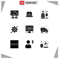 Pack of 9 creative Solid Glyphs of monitor graph party computer management Editable Vector Design Elements