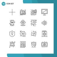 Editable Vector Line Pack of 16 Simple Outlines of cap network photography mobile display Editable Vector Design Elements