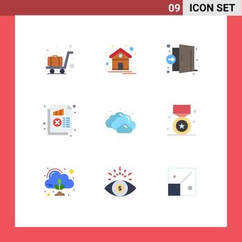 Group of 9 Flat Colors Signs and Symbols for cloud monitoring emergency chart document Editable Vector Design Elements