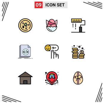 conjunto de colores planos de línea de relleno de interfaz móvil de 9 pictogramas de codificación de archivos de script programación de codificación elementos de diseño de vectores editables