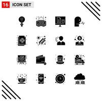 Set of 16 Vector Solid Glyphs on Grid for speech human time audio learning Editable Vector Design Elements