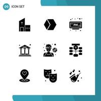 Mobile Interface Solid Glyph Set of 9 Pictograms of athlete office market cap finance time Editable Vector Design Elements