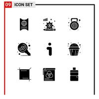 Group of 9 Modern Solid Glyphs Set for info search gym science atom Editable Vector Design Elements