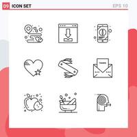 Pack of 9 Modern Outlines Signs and Symbols for Web Print Media such as like heart interface star mobile information Editable Vector Design Elements