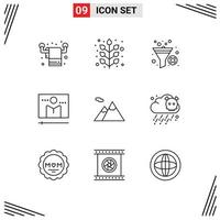 Group of 9 Outlines Signs and Symbols for camping media player filter media broadcast Editable Vector Design Elements