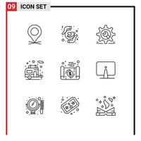 Universal Icon Symbols Group of 9 Modern Outlines of banking camping purity camper wrench Editable Vector Design Elements