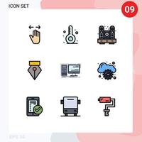 9 User Interface Filledline Flat Color Pack of modern Signs and Symbols of computer pen vacation editor living Editable Vector Design Elements