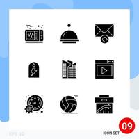 Set of 9 Modern UI Icons Symbols Signs for interface media skyscraper retry office energy Editable Vector Design Elements