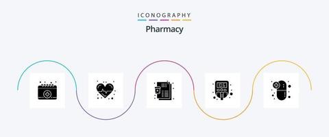 paquete de iconos de glifo 5 de farmacia que incluye píldoras médicas. cápsula. lista. prueba. médico vector