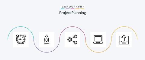 paquete de iconos de línea de planificación de proyectos 5 que incluye computadora portátil. computadora. puesta en marcha. social. red vector