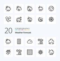 paquete de iconos de 20 líneas meteorológicas como la temperatura de la nube nublada de la media luna del tiempo vector