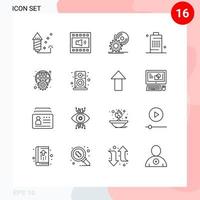 16 Universal Outlines Set for Web and Mobile Applications phone cell volume battery software Editable Vector Design Elements