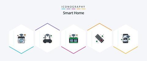 paquete de íconos de 25 líneas completas para el hogar inteligente que incluye dispositivos móviles. control remoto. inteligente. control remoto. cocina vector