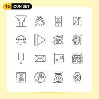 Pack of 16 Modern Outlines Signs and Symbols for Web Print Media such as weather umbrella lock pin location Editable Vector Design Elements