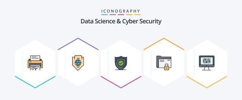 Paquete de iconos de 25 líneas completas de ciencia de datos y seguridad cibernética que incluye carpeta. seguro. mundo. seguridad. confirmar vector