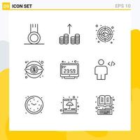 Group of 9 Modern Outlines Set for computer clock clock heart vision marketing Editable Vector Design Elements