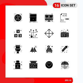 conjunto moderno de 16 glifos y símbolos sólidos, como el sitio web de desarrollo abc, desarrolla elementos de diseño de vectores editables de código