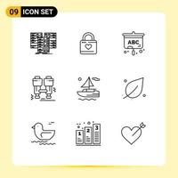 Modern Set of 9 Outlines and symbols such as boat explore heart hacker camping education Editable Vector Design Elements