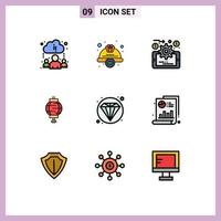 Modern Set of 9 Filledline Flat Colors Pictograph of diamond seo analytics decoration china Editable Vector Design Elements