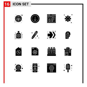 16 Solid Glyph concept for Websites Mobile and Apps dollar bag inbox cogs gear Editable Vector Design Elements