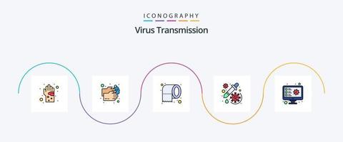 la línea de transmisión de virus llenó el paquete de iconos planos 5 que incluye la detección. vacuna. limpieza. cuentagotas. droga vector