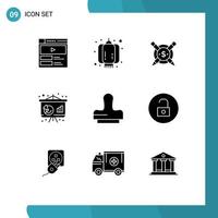 Editable Vector Line Pack of 9 Simple Solid Glyphs of press finance paid economy business Editable Vector Design Elements