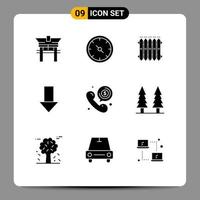 Pack of 9 creative Solid Glyphs of call down arrow radiator down heat Editable Vector Design Elements