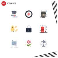 Mobile Interface Flat Color Set of 9 Pictograms of security education dustbin happy easter Editable Vector Design Elements