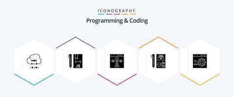 Programming And Coding 25 Glyph icon pack including develop. browser. flowchart. programming. development vector