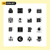 Universal Icon Symbols Group of 16 Modern Solid Glyphs of computer day hardware date head Editable Vector Design Elements