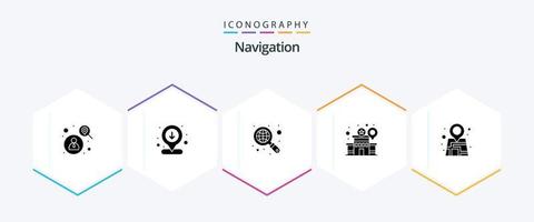 paquete de iconos de 25 glifos de navegación que incluye mapa. GPS. globo. estación. ubicación vector