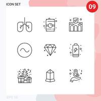 User Interface Pack of 9 Basic Outlines of charging jewelery construction diamond sound Editable Vector Design Elements