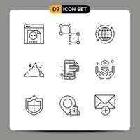 Mobile Interface Outline Set of 9 Pictograms of card nature globe hill mountain Editable Vector Design Elements