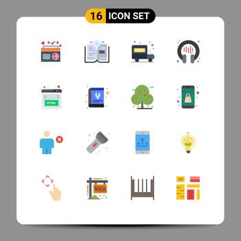 paquete de 16 signos y símbolos modernos de colores planos para medios de impresión web, como codificación seo, camión de reparto, soporte de conversación, paquete editable de elementos de diseño de vectores creativos
