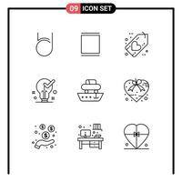 Pack of 9 Modern Outlines Signs and Symbols for Web Print Media such as tick light black idea love Editable Vector Design Elements