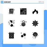 Universal Icon Symbols Group of 9 Modern Solid Glyphs of smoke garbage web fire spark Editable Vector Design Elements