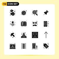 Modern Set of 16 Solid Glyphs and symbols such as red reminder sound pin world Editable Vector Design Elements