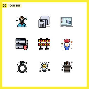 Set of 9 Vector Filledline Flat Colors on Grid for protection gdpr list program operational Editable Vector Design Elements