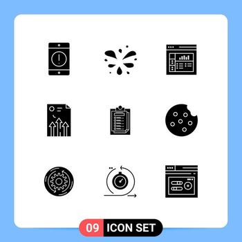Mobile Interface Solid Glyph Set of 9 Pictograms of presentation report design graph business Editable Vector Design Elements