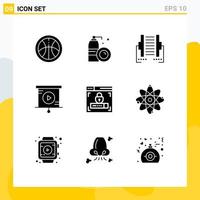 Set of 9 Vector Solid Glyphs on Grid for lock web design connection presentation analytics Editable Vector Design Elements