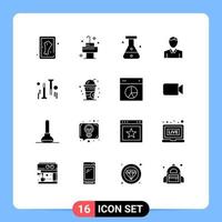 Pack of 16 Modern Solid Glyphs Signs and Symbols for Web Print Media such as drink hardware lab diy person Editable Vector Design Elements