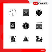 Mobile Interface Solid Glyph Set of 9 Pictograms of dollar business web cell mobile Editable Vector Design Elements