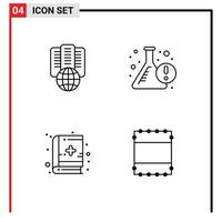 conjunto de pictogramas de 4 colores planos de línea de llenado simple de hospedaje de elementos de diseño vectorial editables de diseño de matraz de servidor de libro médico vector