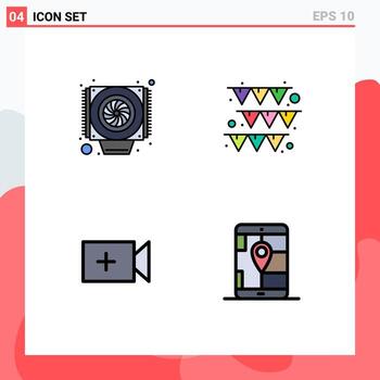 paquete de interfaz de usuario de 4 colores planos básicos de línea de llenado de elementos de diseño de vector editables de ubicación de video de festival de aplicación de computadora