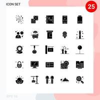 Modern Set of 25 Solid Glyphs Pictograph of low battery contacts upload mobile application Editable Vector Design Elements