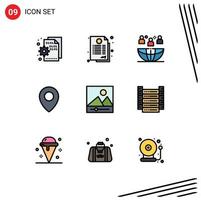Modern Set of 9 Filledline Flat Colors Pictograph of gallery map deal location meeting Editable Vector Design Elements