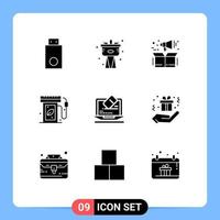 9 Universal Solid Glyphs Set for Web and Mobile Applications laptop energy system ecology box Editable Vector Design Elements