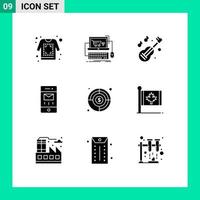 User Interface Pack of 9 Basic Solid Glyphs of aim mail game interface music Editable Vector Design Elements