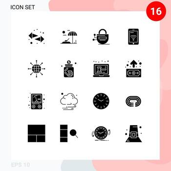 Pictogram Set of 16 Simple Solid Glyphs of world connect locked wifi sign Editable Vector Design Elements