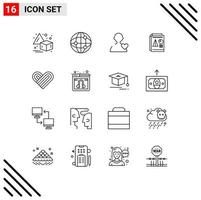 Modern Set of 16 Outlines and symbols such as chat love heart heart chart Editable Vector Design Elements